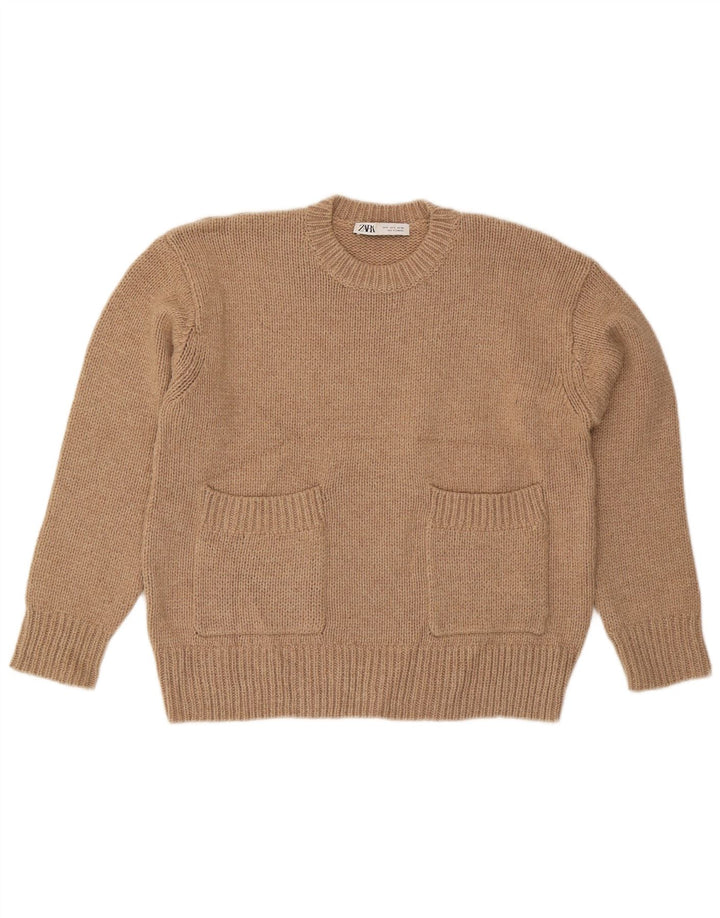 Zara Dame Oversized Crew Neck Jumper Sweater UK 10 Small Beige Polyester