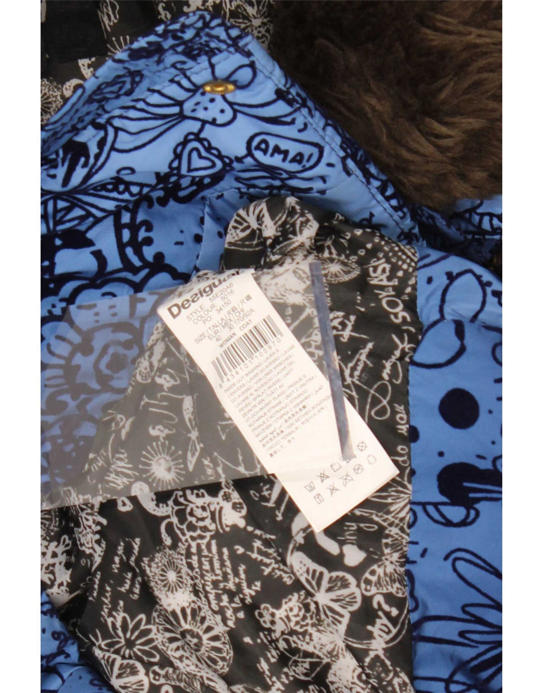 Desigual Polstret frakke med hætte til kvinder EU 40 Medium Blue Floral Polyester