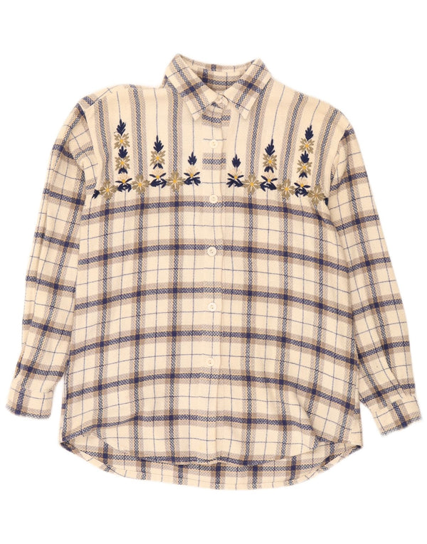 Vintage flannelskjorte til kvinder EU 44 XL Off White ternet bomuld