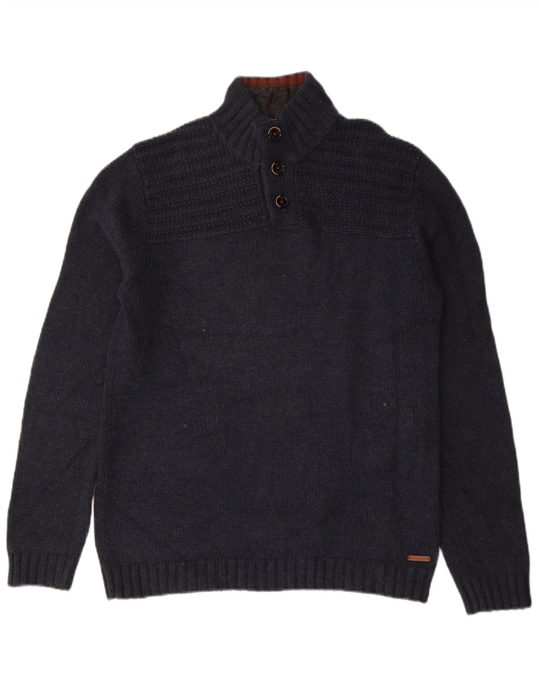 Ted Baker Herre Button Neck Jumper Sweater Størrelse 3 Medium Navy Blue Bomuld