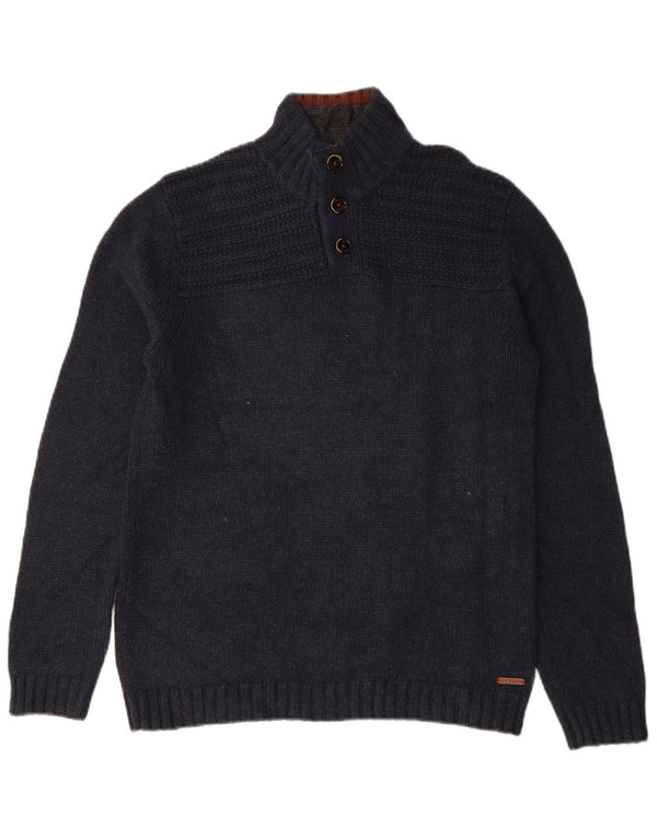 Ted Baker Mens Button Neck Jumper Sweater Size 3 Medium Navy Blue Cotton