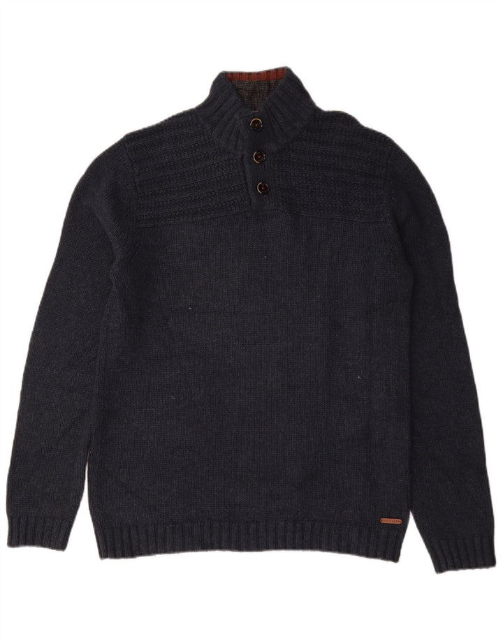Ted Baker Herre Button Neck Jumper Sweater Størrelse 3 Medium Navy Blue Bomuld