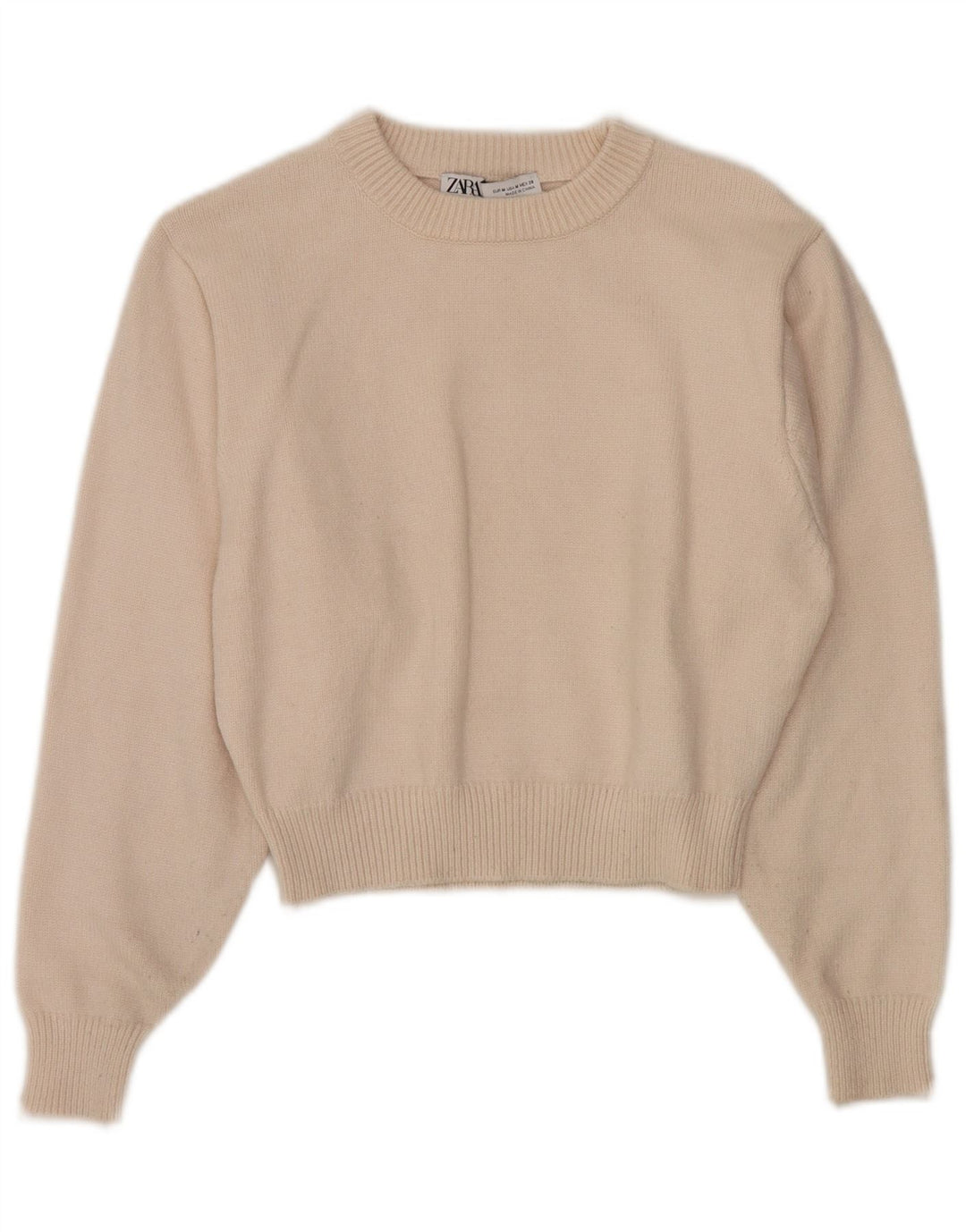 Zara Dame Crop Crew Neck Jumper Sweater UK 12 Medium Off White Viscose