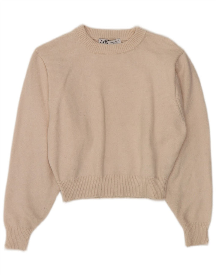 Zara Dame Crop Crew Neck Jumper Sweater UK 12 Medium Off White Viscose