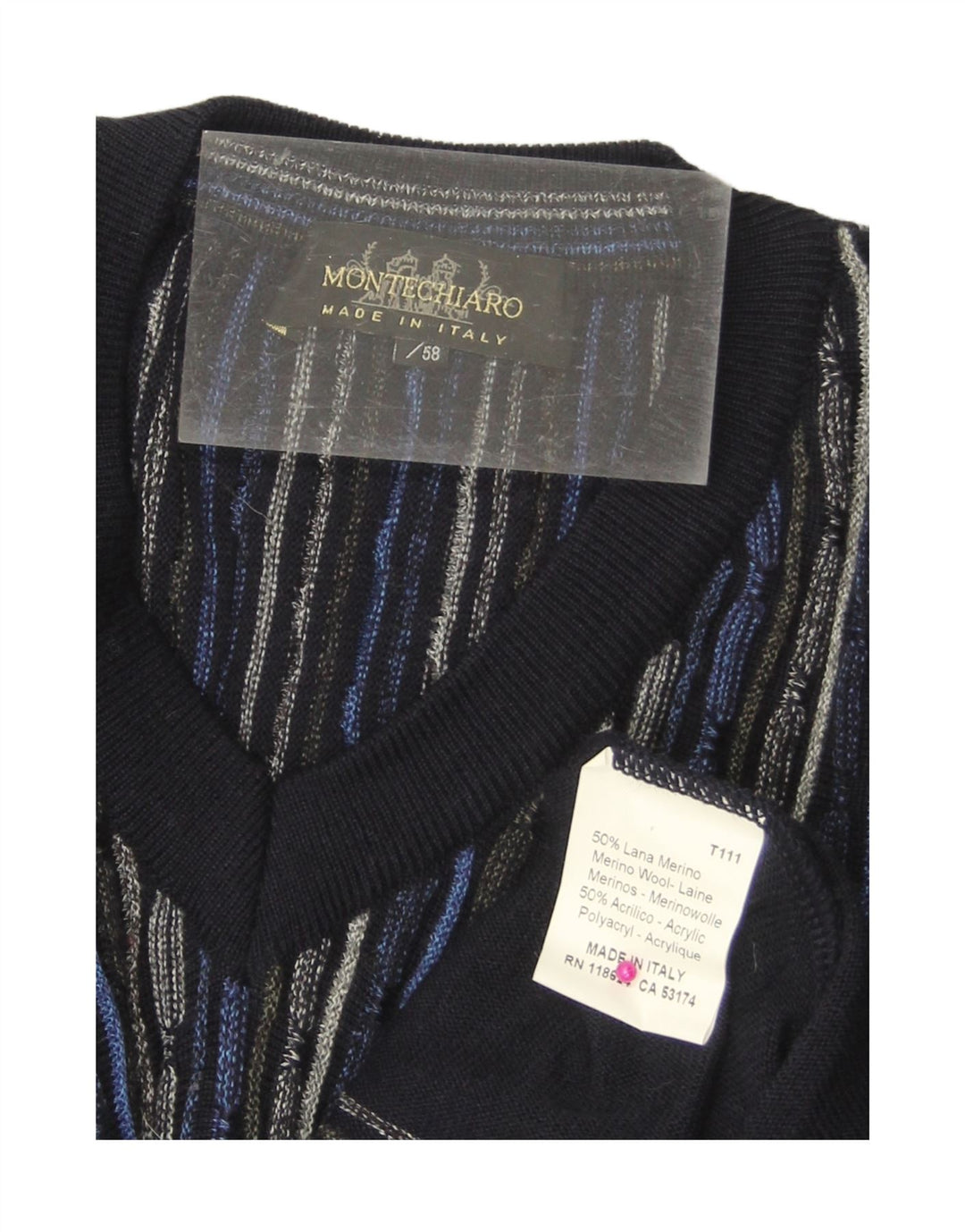 MONTECHIARO Mens V-Neck Jumper Sweater IT 58 2XL Navy Blue Striped Wool Vintage Montechiaro and Second-Hand Montechiaro from Messina Hembry 