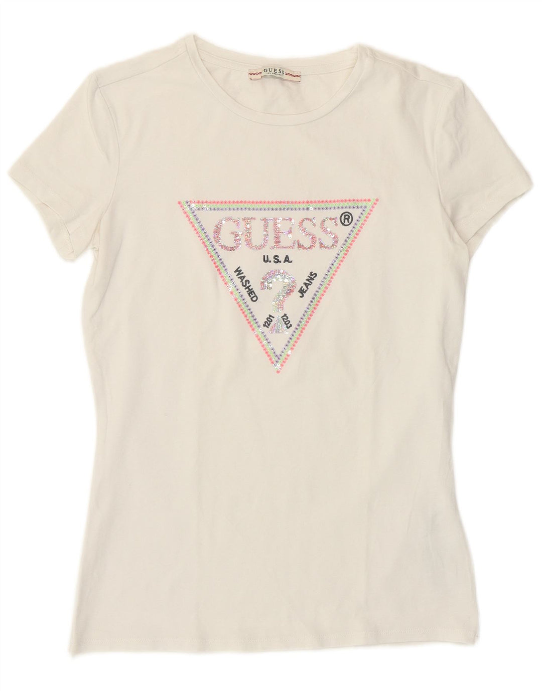 Guess Grafisk T-shirt top til kvinder UK 12 Medium hvid bomuld