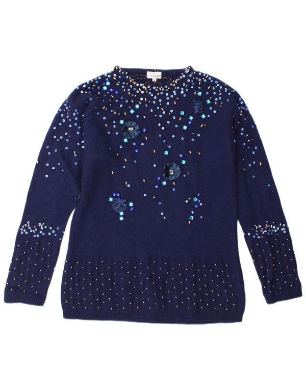 Fiorucci Dame Boat Neck Jumper Sweater UK 14 Medium Navy Blue Spotted