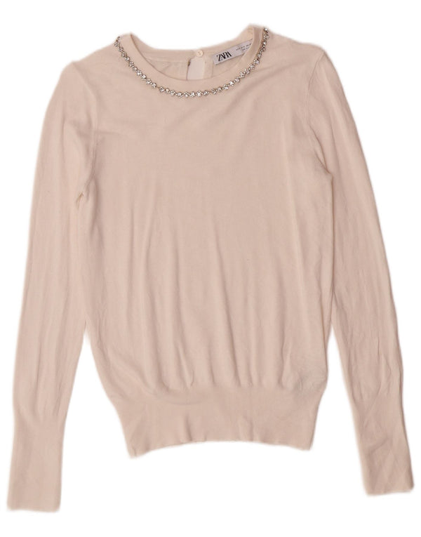 Zara Dame Boat Neck Jumper Sweater UK 10 Small Off White Viscose