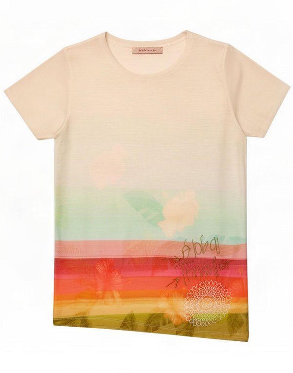 Desigual Dame Grafisk T-Shirt Top UK 12 Medium White Floral Polyester