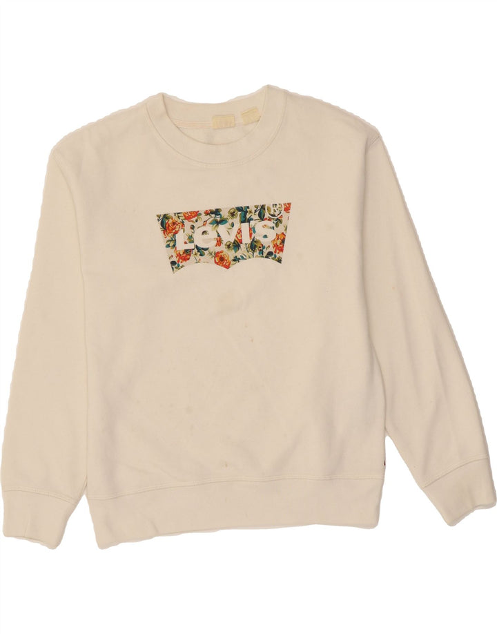 LEVI'S Womens Oversized Graphic Sweatshirt Jumper UK 6 XS White Cotton Vintage Levi's and Second-Hand Levi's from Messina Hembry 