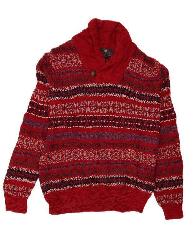 Marks & Spencer Herre Shawl Neck Jumper Sweater Medium Red Fair Isle