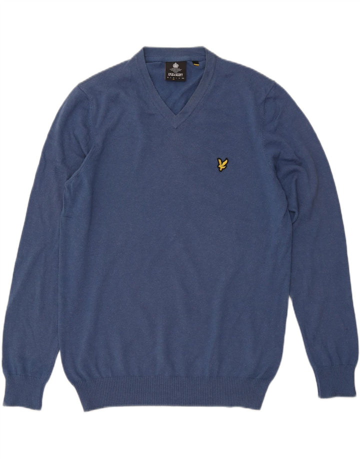 Lyle & Scott Herre V-hals sweater mellemblå bomuld