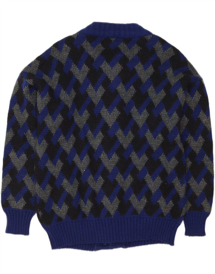 Vintage herre cardigan sweater IT 52 Stor marineblå geometrisk uld