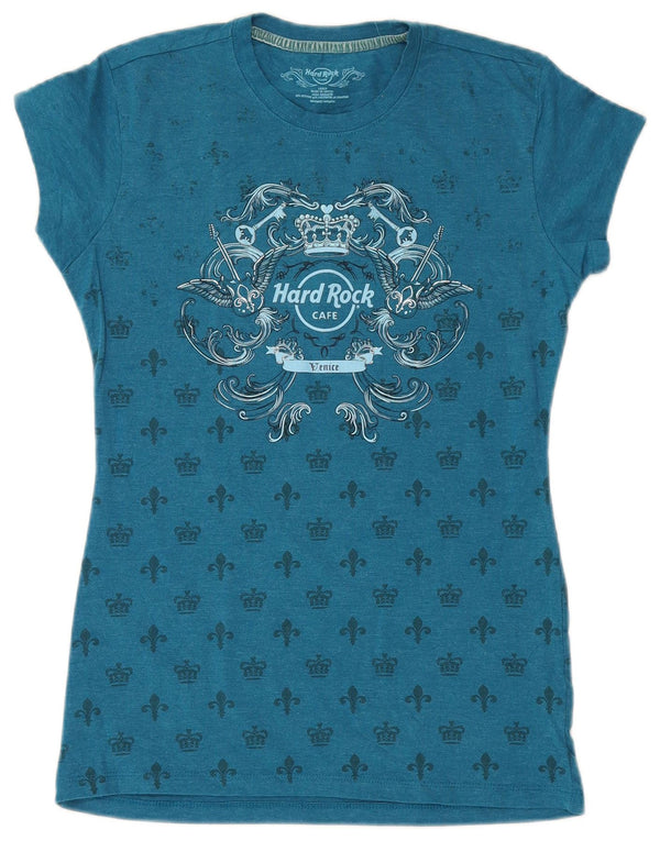 Hard Rock Cafe Dame Venedig Grafisk T-Shirt Top UK 14 Stor Blå Bomuld