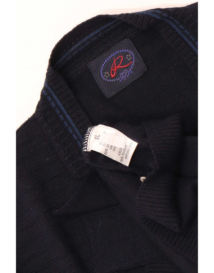 Vintage herre grafisk cardigan sweater XL marineblå uld