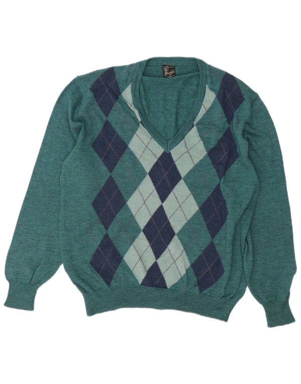 Mapier Mens V-Neck Jumper Sweater Medium Green Argyle/Diamond Wool