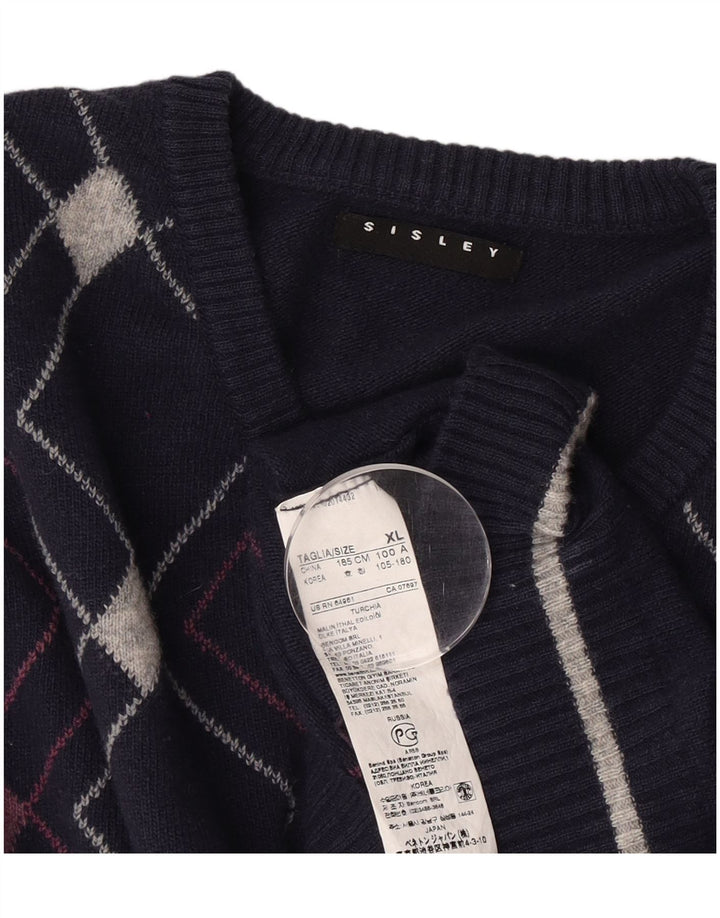 Sisley Herre V-hals sweater XL Navy Blue Argyle/Diamond Wool