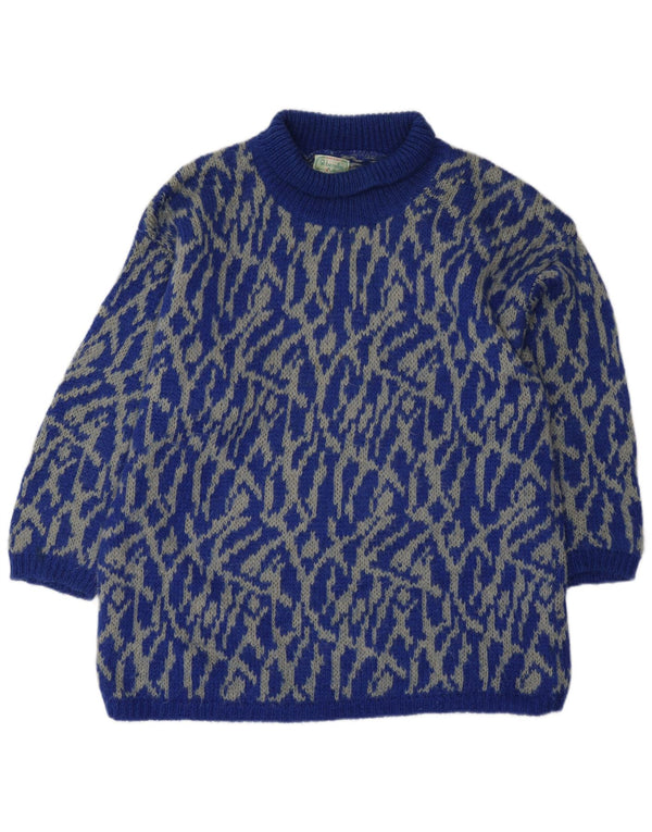 Benetton Dame Roll Neck Jumper Sweater UK 16 Large Blue Geometric