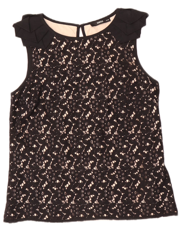 Oasis Dame Ærmeløs Blonde Bluse Top UK 10 Small Black Floral Bomuld