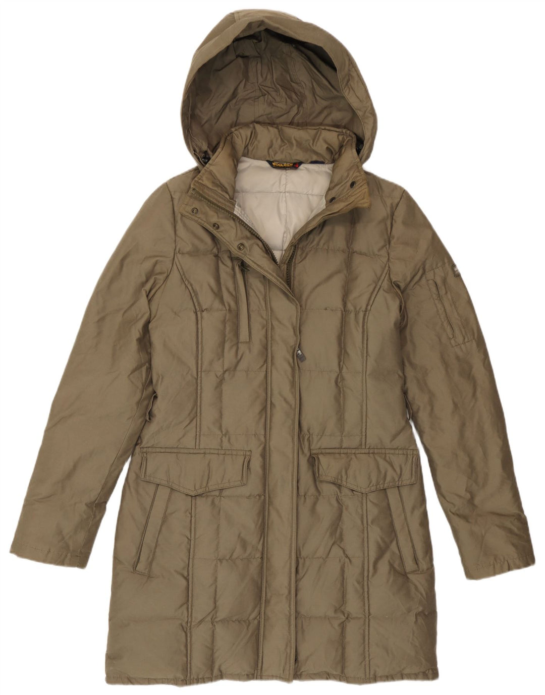Woolrich Dame Hætte Polstret Frakke UK 14 Medium Khaki Bomuld