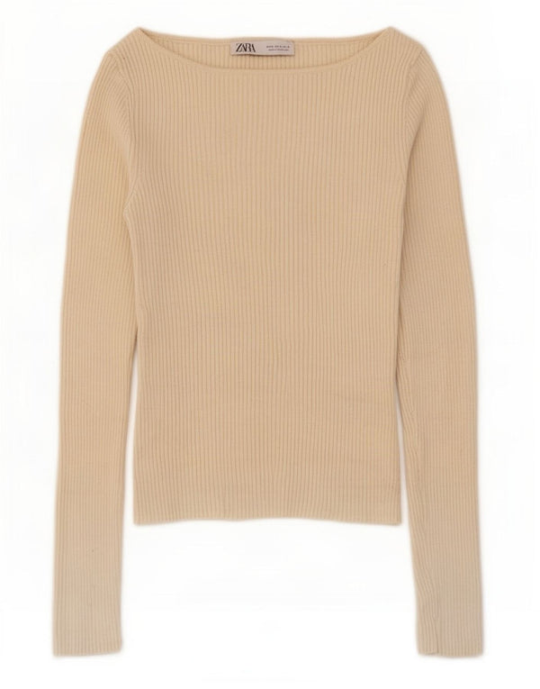 Zara Womens Crop Top Langærmet UK 12 Medium Beige Viscose