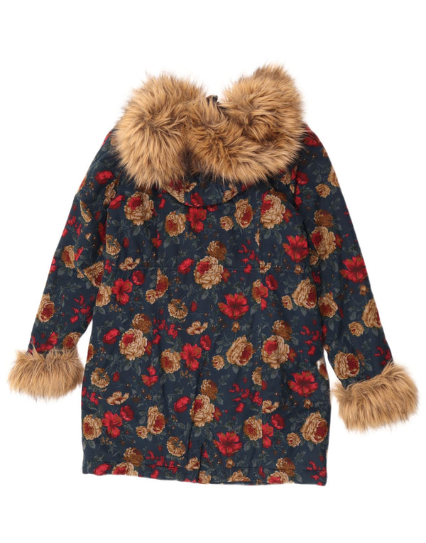 Joe Browns Dame Hooded Parka Jacket UK 10 Small Blue Floral Cotton