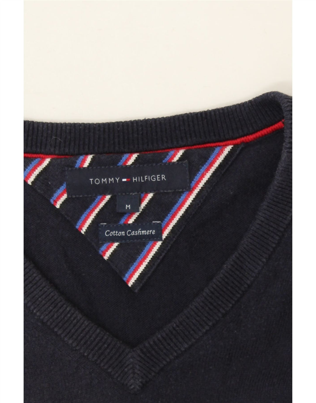 TOMMY HILFIGER Mens V-Neck Jumper Sweater Medium Navy Blue Cotton Vintage Tommy Hilfiger and Second-Hand Tommy Hilfiger from Messina Hembry 
