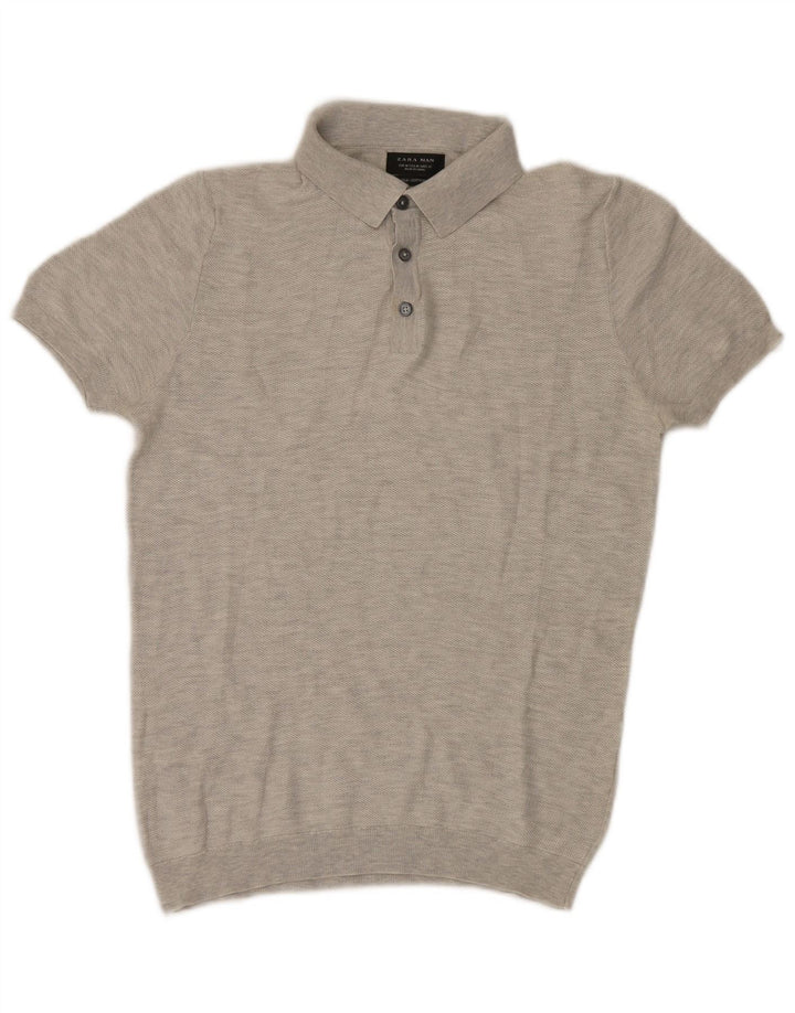 Zara Herre Kortærmet Polo Neck Jumper Sweater Medium Grey Flecked