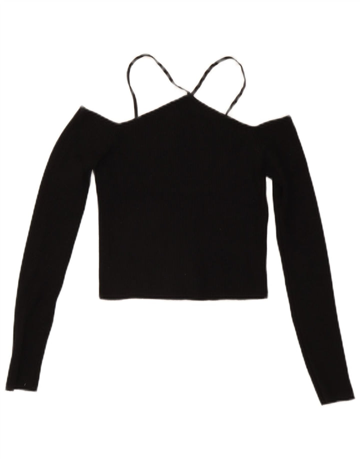 Zara Dame Langærmet Off Shoulder Crop Top UK 12 Medium Black Viscose