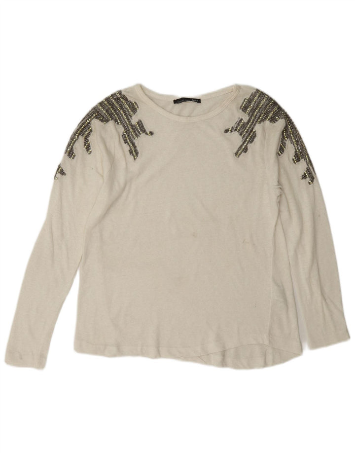 Zara Dame Top Langærmet UK 10 Small White Bomuld