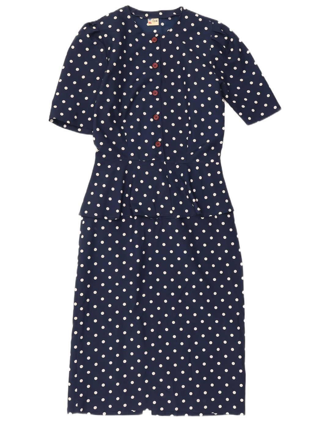 Vintage Dame Peplum Kjole IT 42 Medium Navy Blue Polka Dot Polyester
