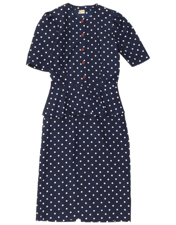 Vintage Womens Peplum Dress IT 42 Medium Navy Blue Polka Dot Polyester