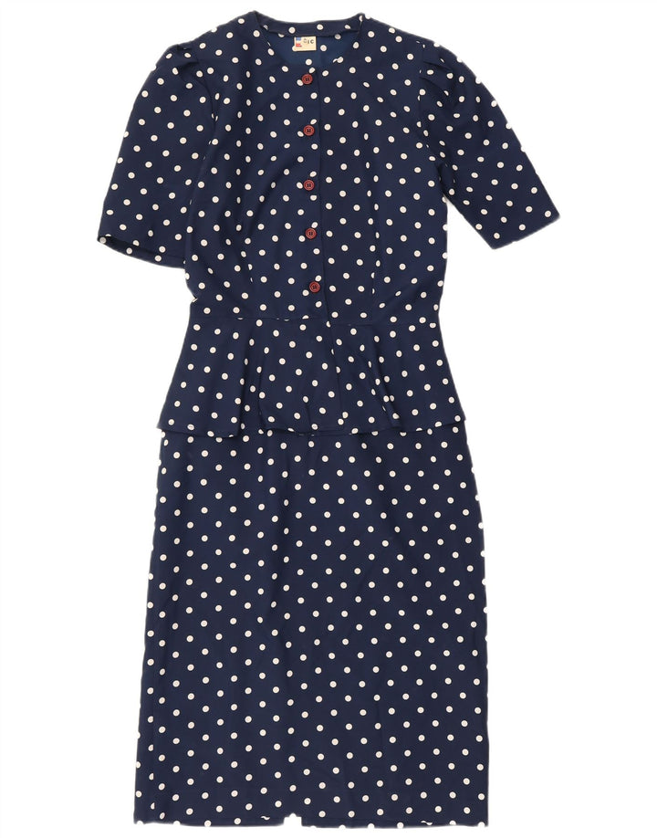 Vintage Dame Peplum Kjole IT 42 Medium Navy Blue Polka Dot Polyester
