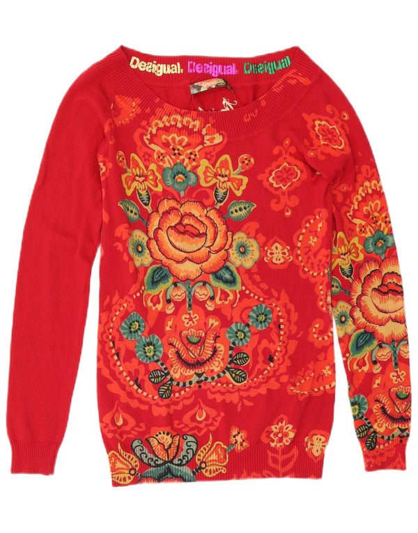 Desigual Womens Boat Neck Jumper Sweater UK 12 Medium Red Floral