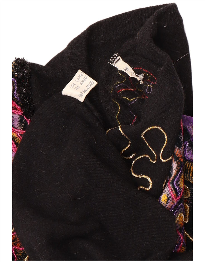 Vintage kvinders abstrakt mønster rund hals sweater UK 14 medium sort