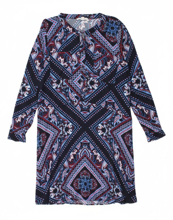 Esprit Dame Langærmet A-Line Kjole UK 18 XL Navy Blue Paisley Bohemian