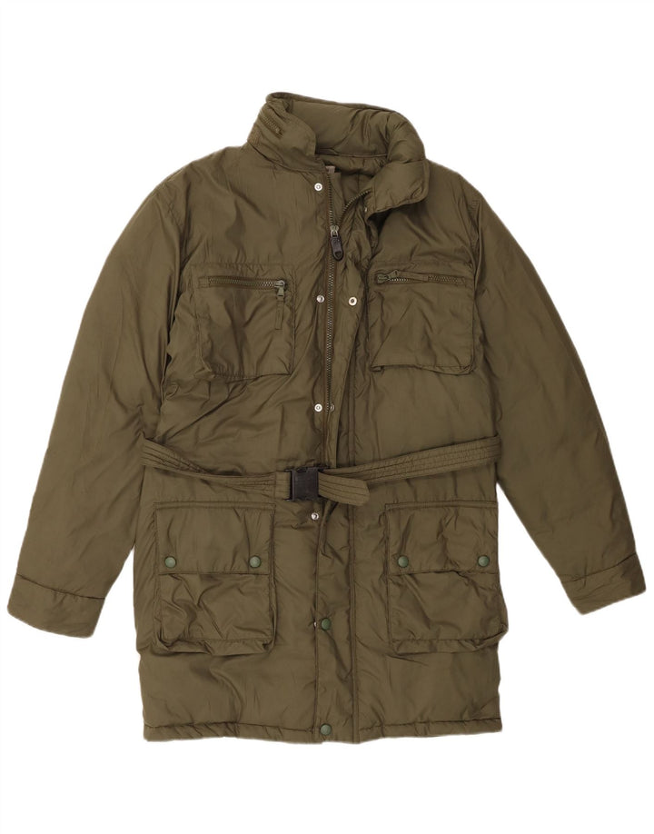 ALBERTO ASPESI Dame hætte polstret frakke UK 14 Medium Khaki Polyester