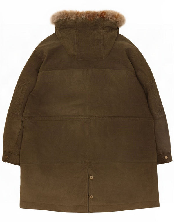 Vintage dame hætte ruskind parkajakke UK 24 4XL Khaki Læder