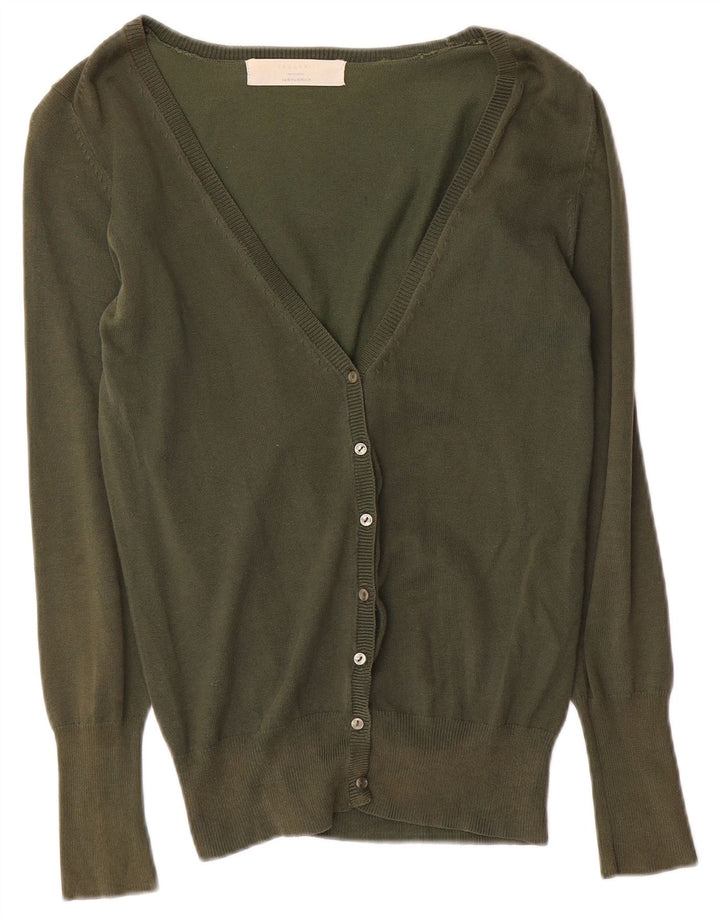 Zara Dame Cardigan Sweater UK 12 Medium Khaki Bomuld