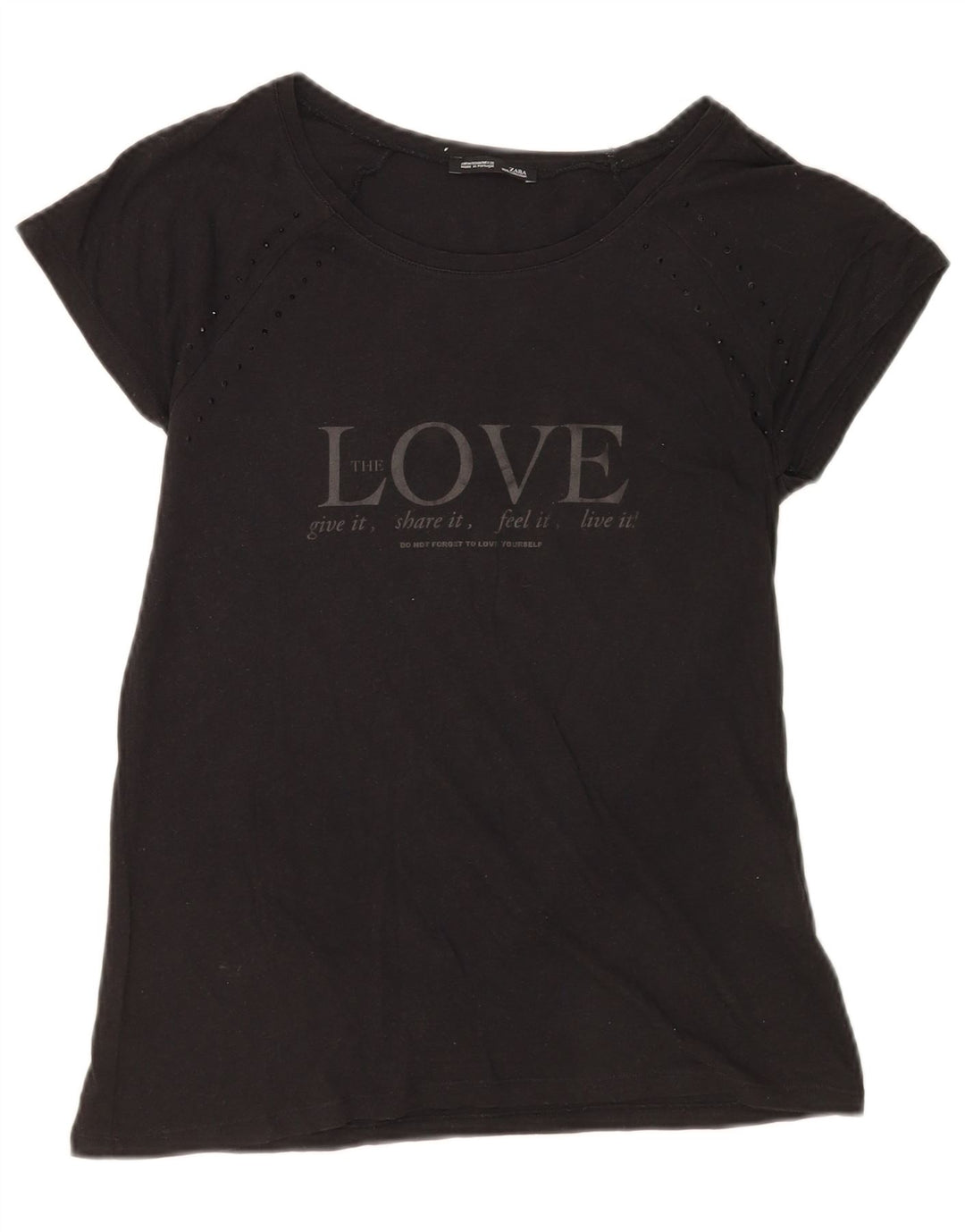 Zara Grafisk T-Shirt Top UK 12 Medium Sort Bomuld