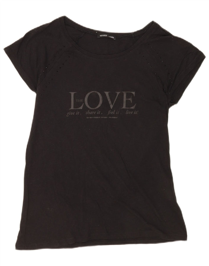 Zara Grafisk T-Shirt Top UK 12 Medium Sort Bomuld