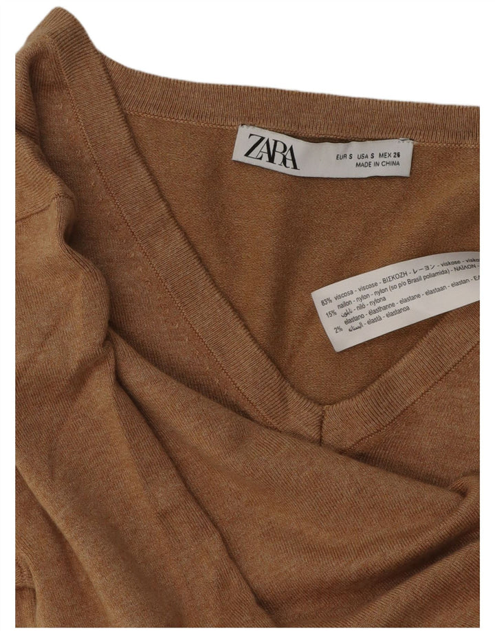 Zara Dame V-hals sweater UK 10 Small Brown Viscose