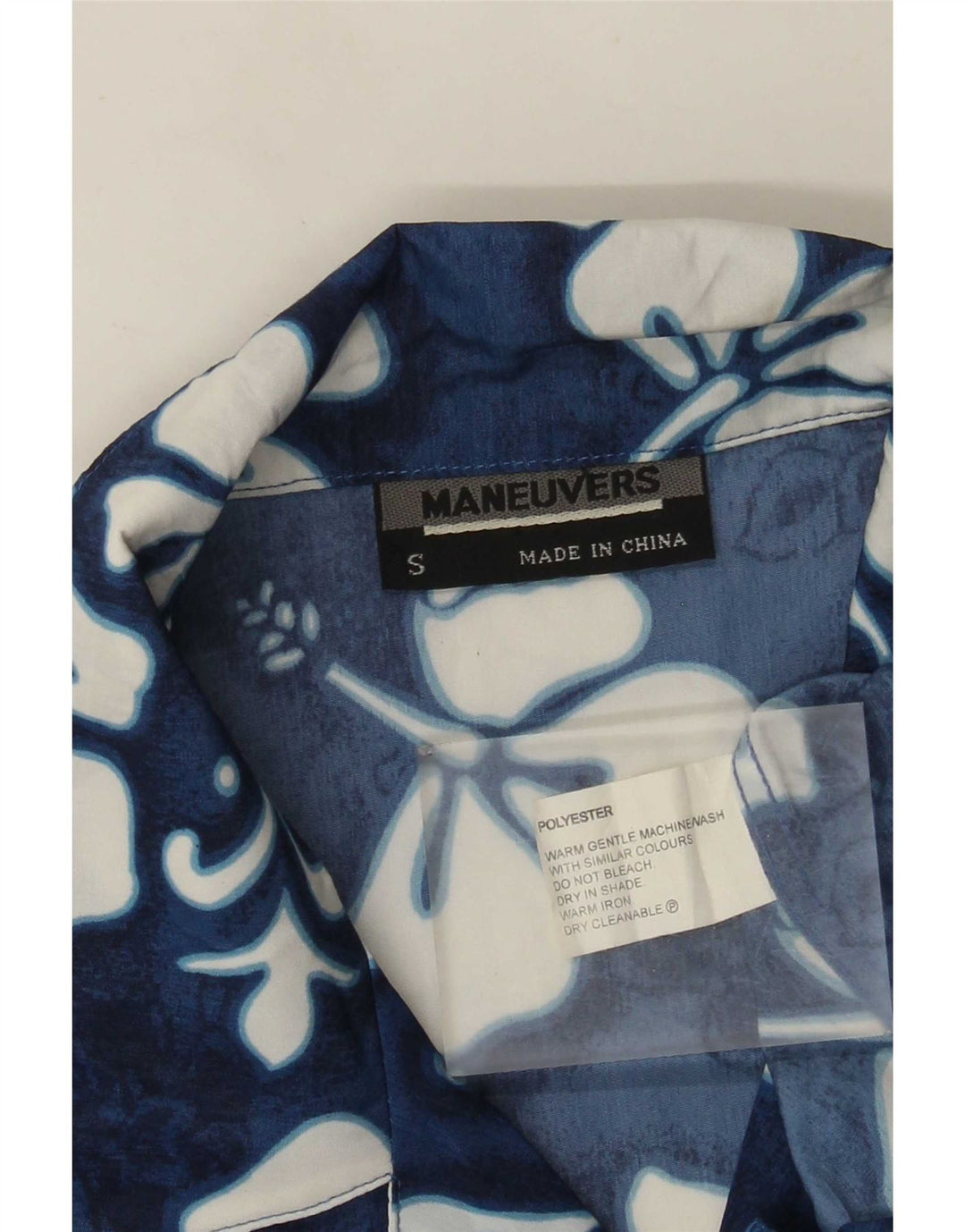 Vintage kortærmet herreskjorte lille blå blomsterpolyester