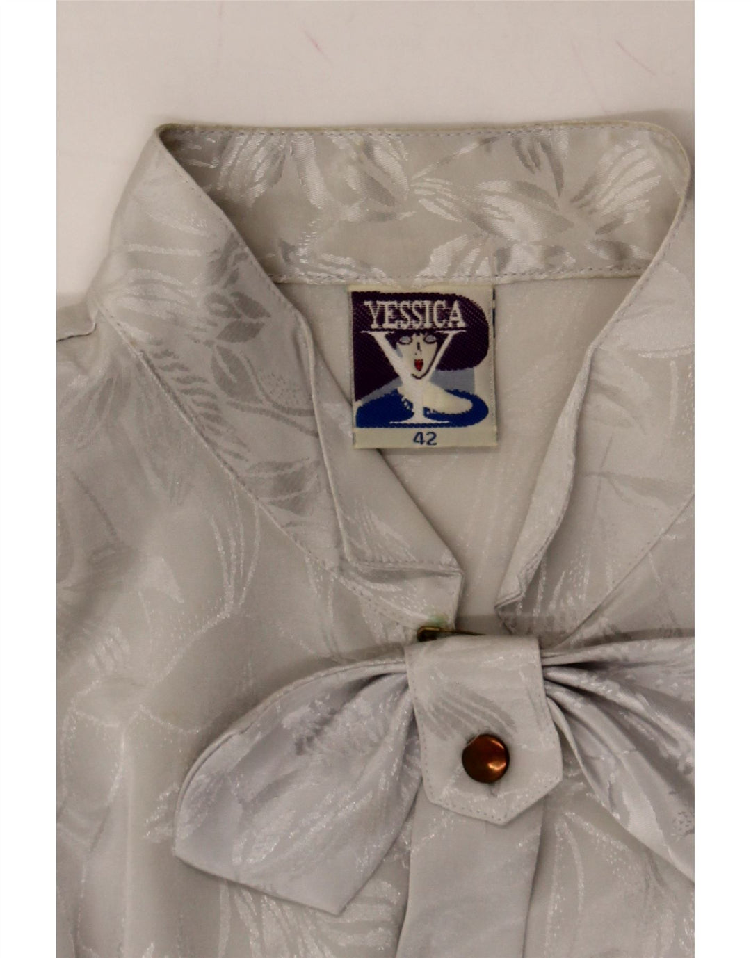 YESSICA Womens Bow Tie Shirt Blouse EU 42 Large Grey Floral Polyester Vintage Yessica and Second-Hand Yessica from Messina Hembry 