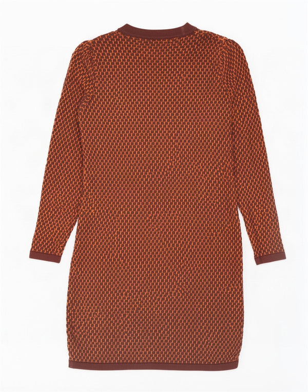 Cos Dame Langærmet Jumper Kjole UK 6 XS Brun Geometrisk Bomuld