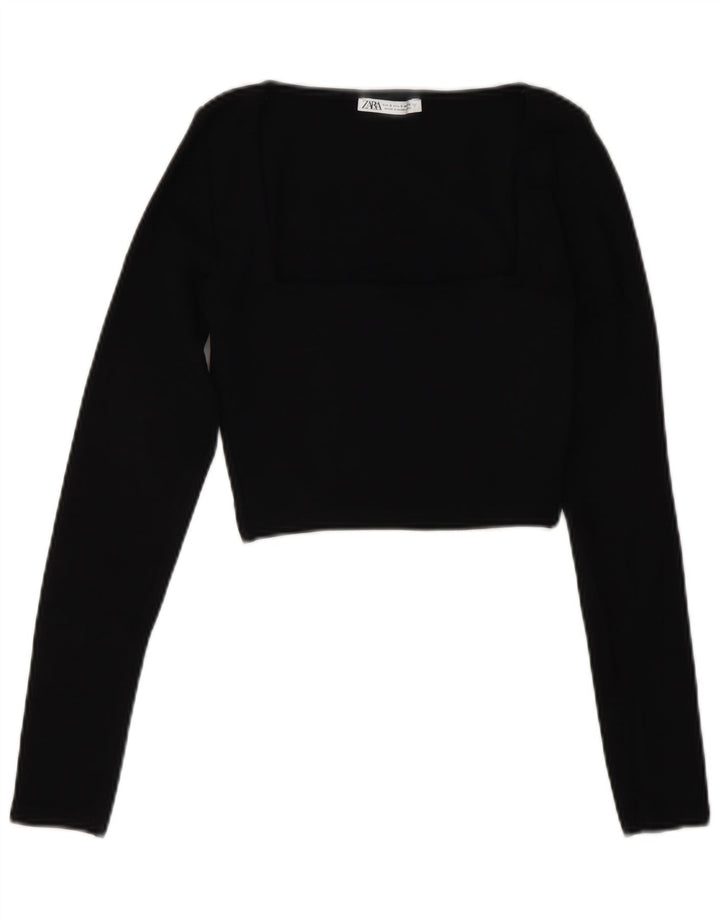 Zara Womens Crop Top Langærmet UK 8 Small Black Bomuld