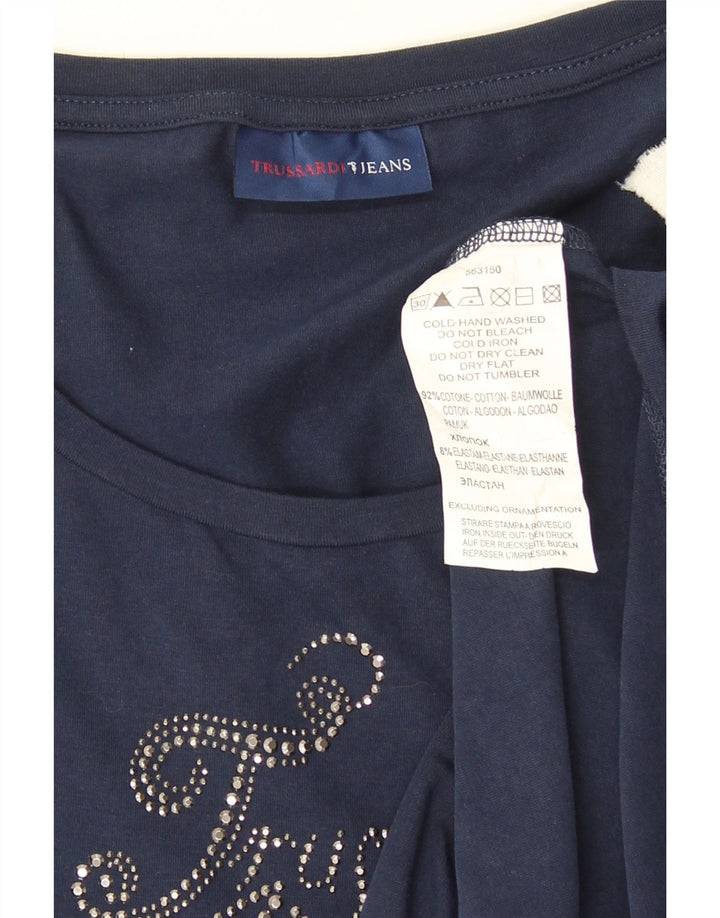 Trussardi Jeans Dame Grafisk Top Langærmet UK 12 Medium Navy Blue