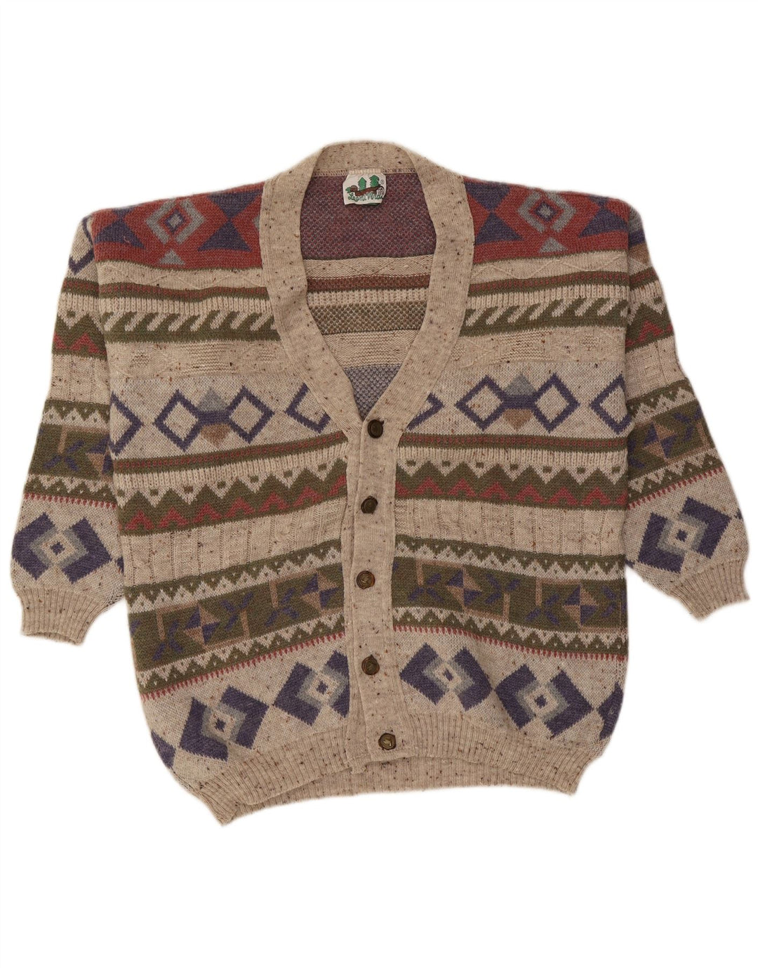 Vintage herre cardigan sweater Stor flerfarvet geometrisk uld