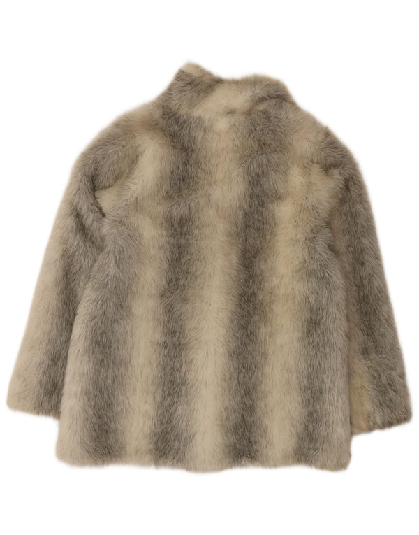 Vintage Dame Loose Fit Faux Fur Coat UK 10 Små grå stribet akryl