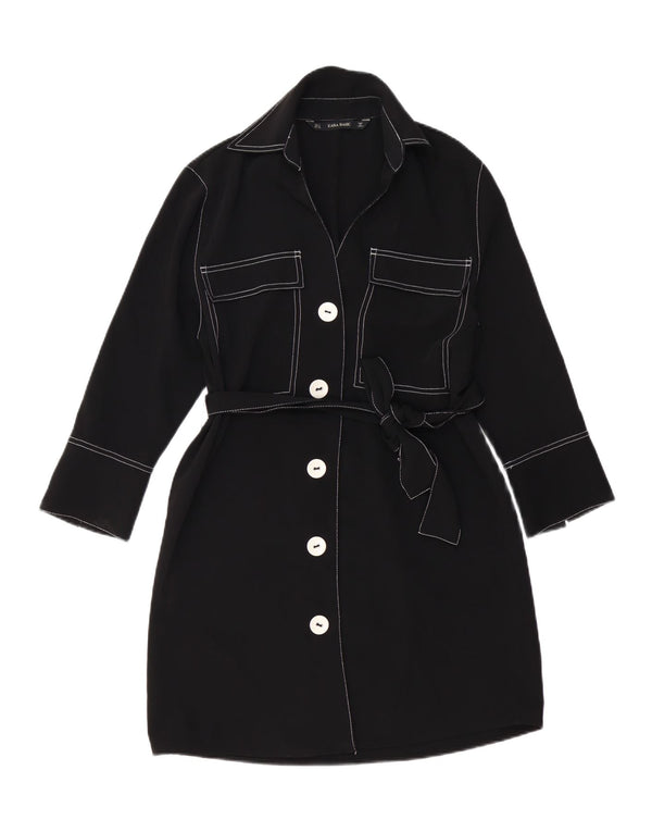 Zara Dame 3/4 ærmet skjortekjole UK 10 Small Black Polyester